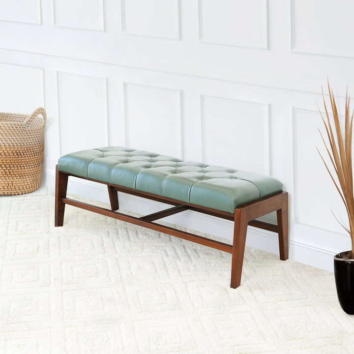 Hera Bench with Buttons (Green Leather) Left Angle