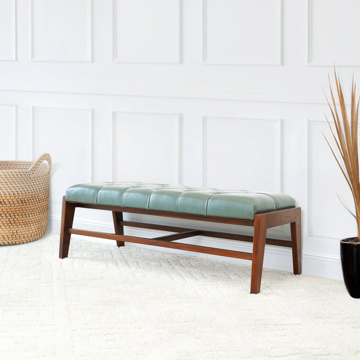 Hera Bench with Buttons (Green Leather) Tilted Left