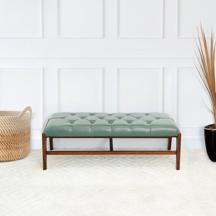 Hera Bench with Buttons (Green Leather) Front