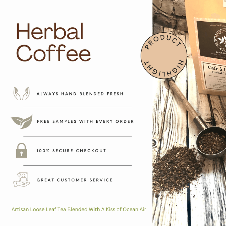 Herbal coffee packaging with text and a wooden spoon on a rustic background.