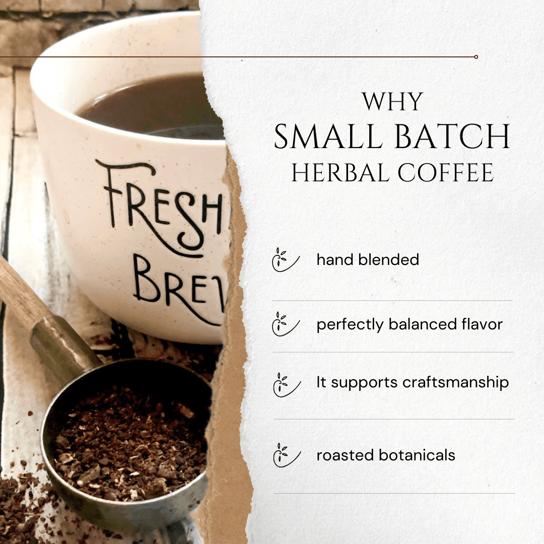 White mug labeled Fresh Brew with a small bowl of coffee beans, accompanied by text about small batch herbal coffee.