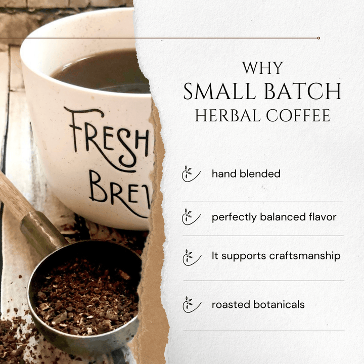White mug with Fresh Brew text, small pot of coffee beans, and text about small batch herbal coffee.