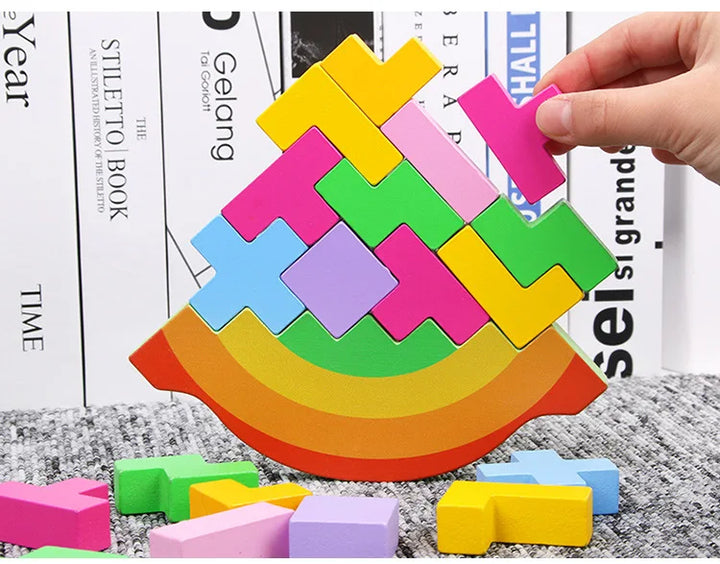 Colorful geometric puzzle being assembled on a textured surface with a magazine in the background.