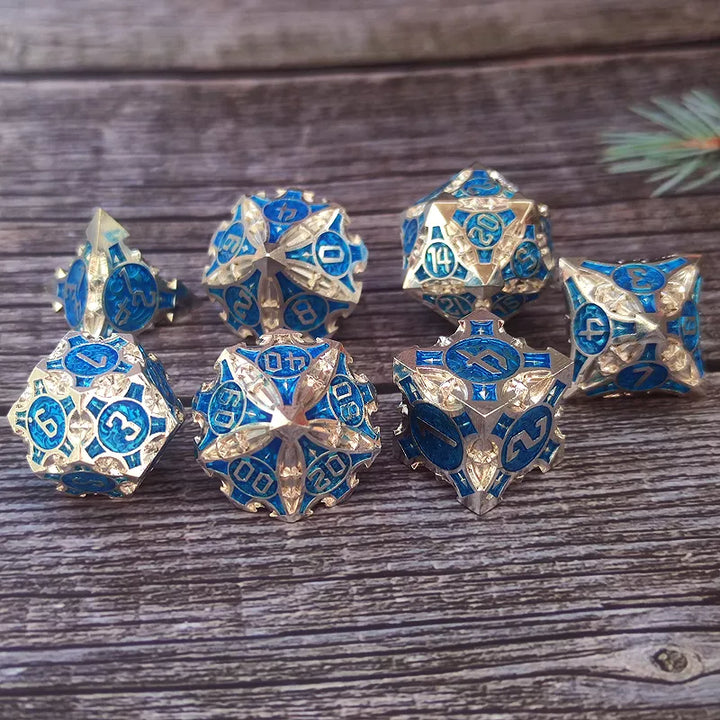 Dark Silver w/blue Barbed Strengthened Metal 7-Dice Set | Metal DND Dice