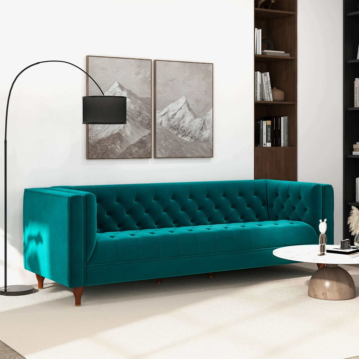 Evelyn Mid Century Modern Teal Velvet Luxury Chesterfield Sofa Right Angle