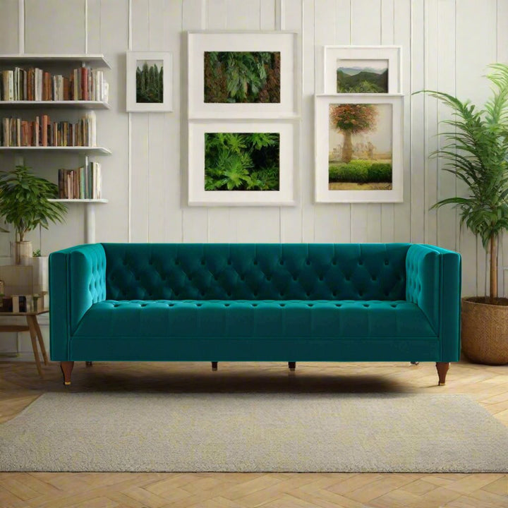 Evelyn Mid Century Modern Teal Velvet Luxury Chesterfield Sofa Front