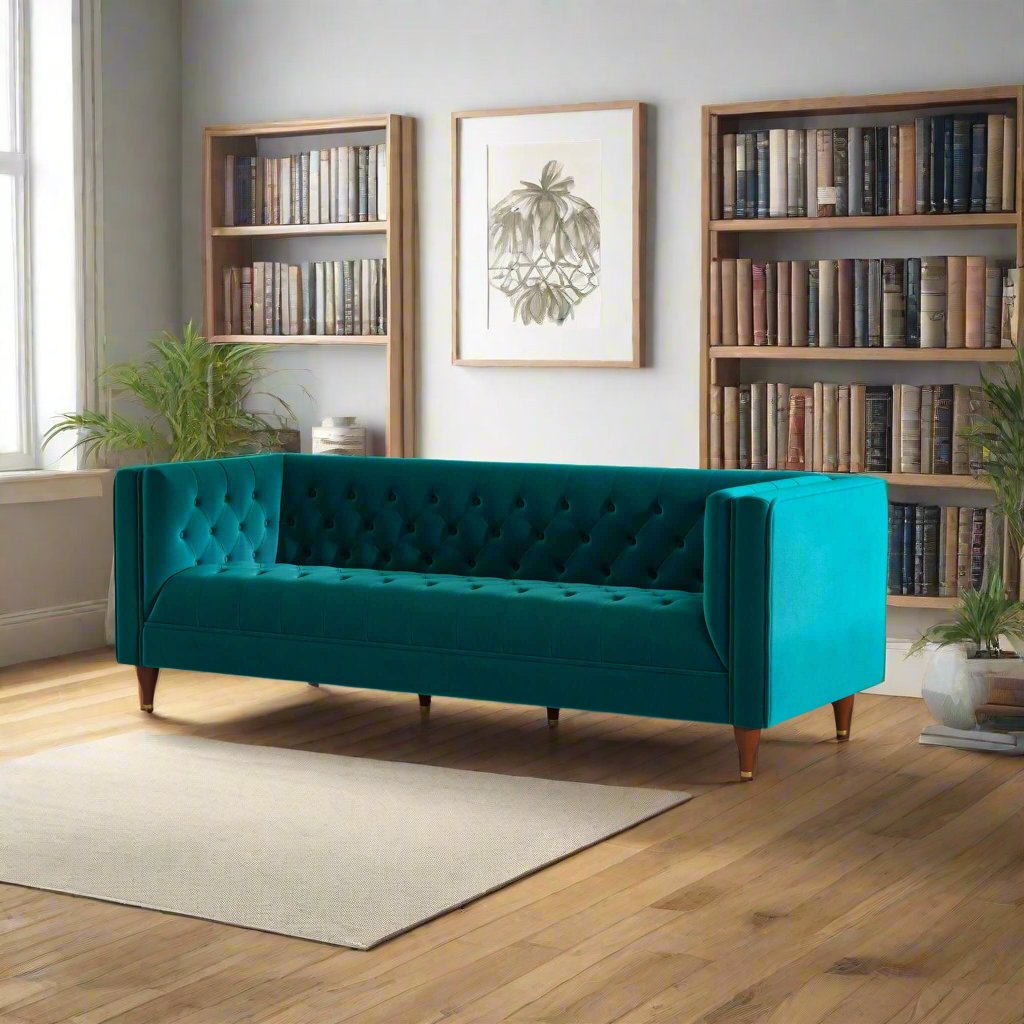 Evelyn Mid Century Modern Teal Velvet Luxury Chesterfield Sofa Left Angle