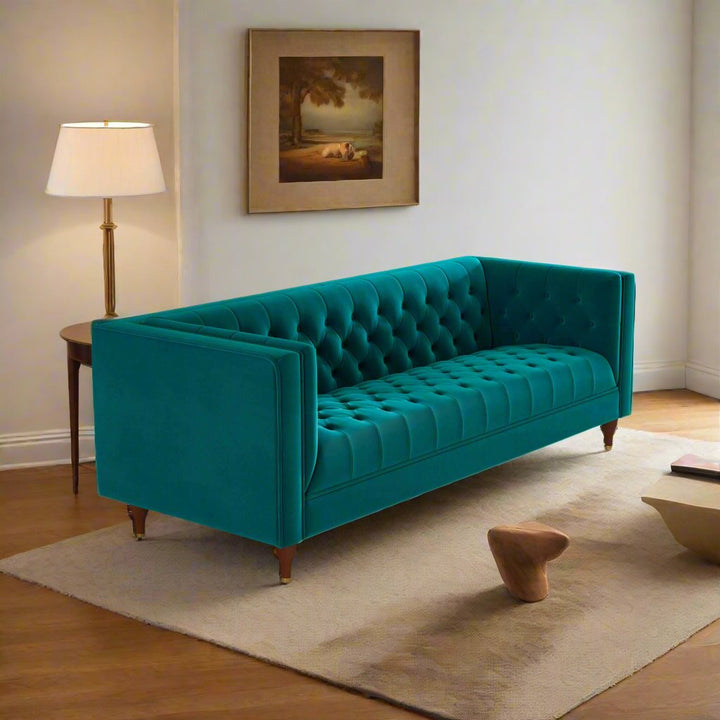 Evelyn Mid Century Modern Teal Velvet Luxury Chesterfield Sofa Right Angle View