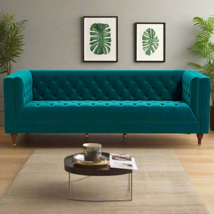 Evelyn Mid Century Modern Teal Velvet Luxury Chesterfield Sofa Front Photo