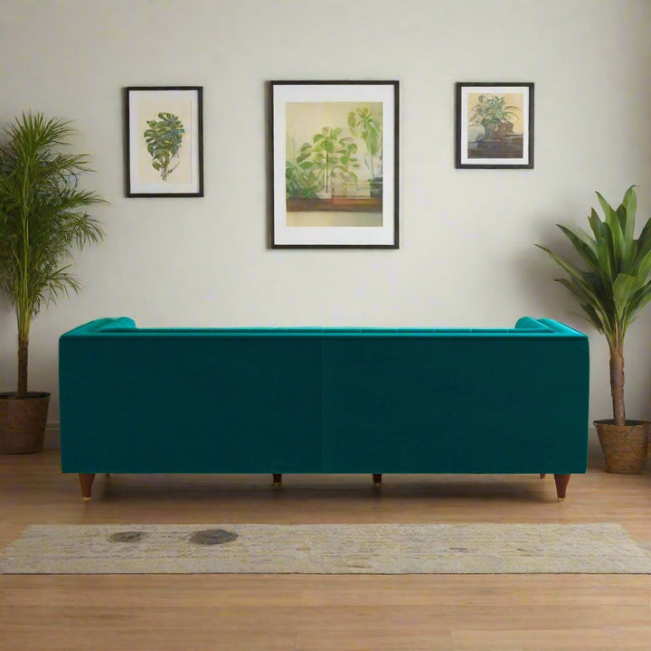 Evelyn Mid Century Modern Teal Velvet Luxury Chesterfield Sofa Back View