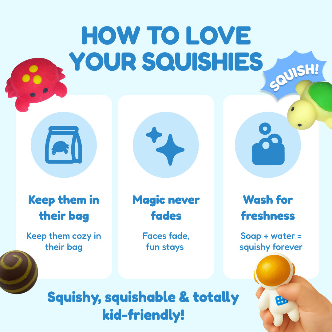 Instructions on how to care for squishy toys with illustrations and text on a light blue background.