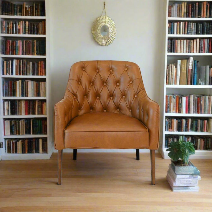 Joshua Tufted Tan Leather Lounge Chair Front View Photo