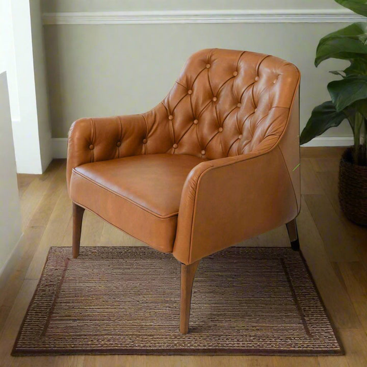 Joshua Tufted Tan Leather Lounge Chair Left Angle View