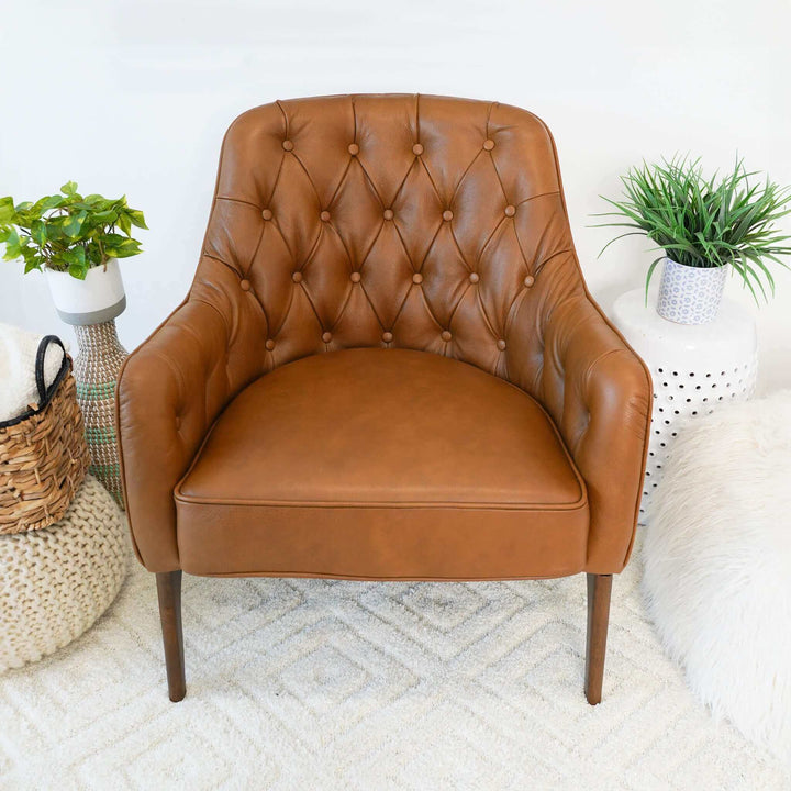 Joshua Tufted Tan Leather Lounge Chair Front