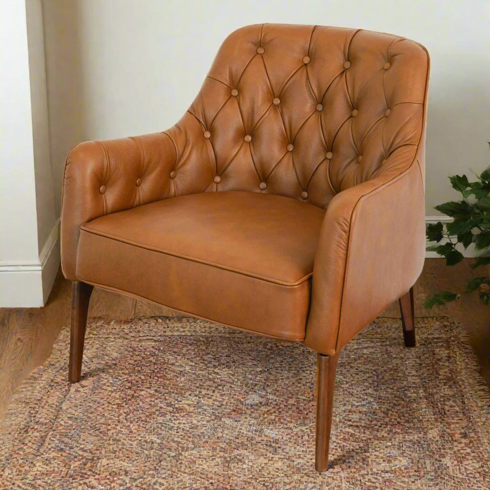 Joshua Tufted Tan Leather Lounge Chair Left Angle