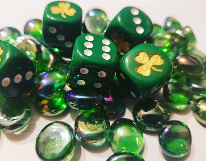 Gold Shamrock Opaque Green Die 16mm D6 Chessex Dice - with White Pips