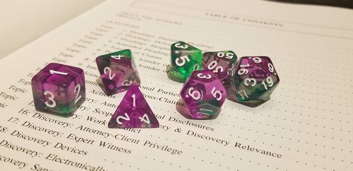 Violet Evergreen Translucent Purple/ Green Poly Dice Set with White (7) RPG DnD HdDice