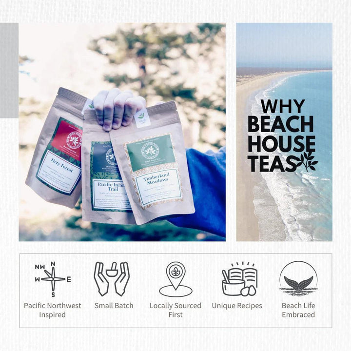 Beach House Teas packaging held by a person with beach scenery and brand description.