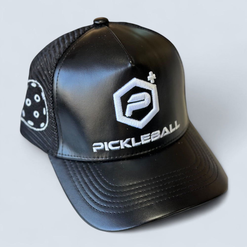Leather Logo Trucker Hat Front View.