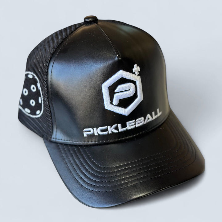 Leather Logo Trucker Hat Front View.