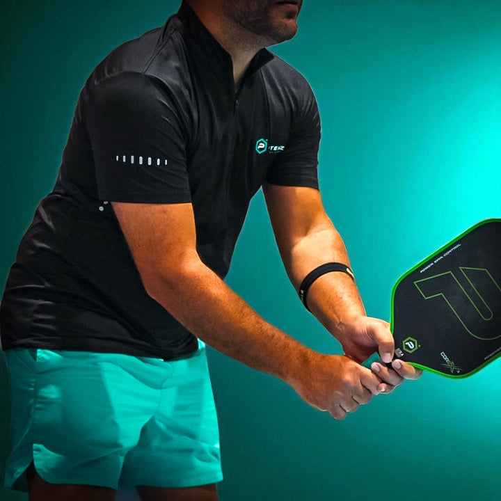 Sport Athletic Polo (Quarter Zip Collar) Black with Model.