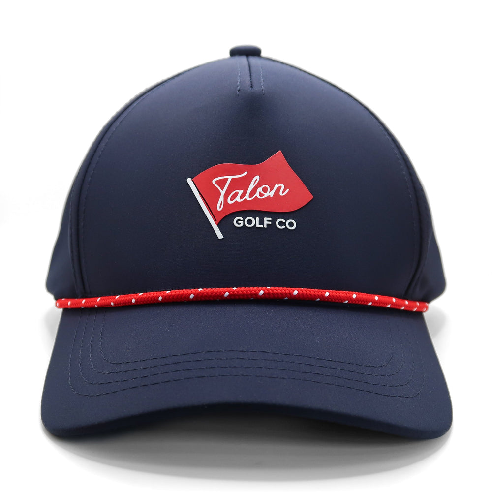 Blue Baseball Hat with Red Rope with Flag Logo Front View.
