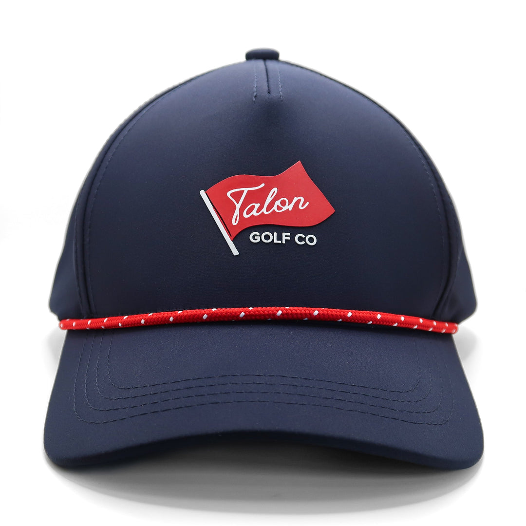 Blue Baseball Hat with Red Rope with Flag Logo Front View.