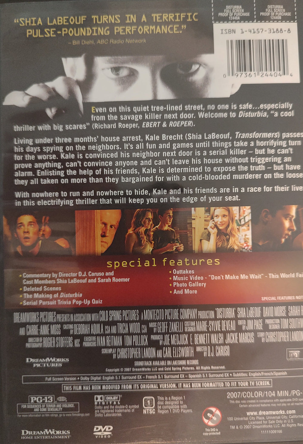 Disturbia (DVD, 2007, Full Frame) Back