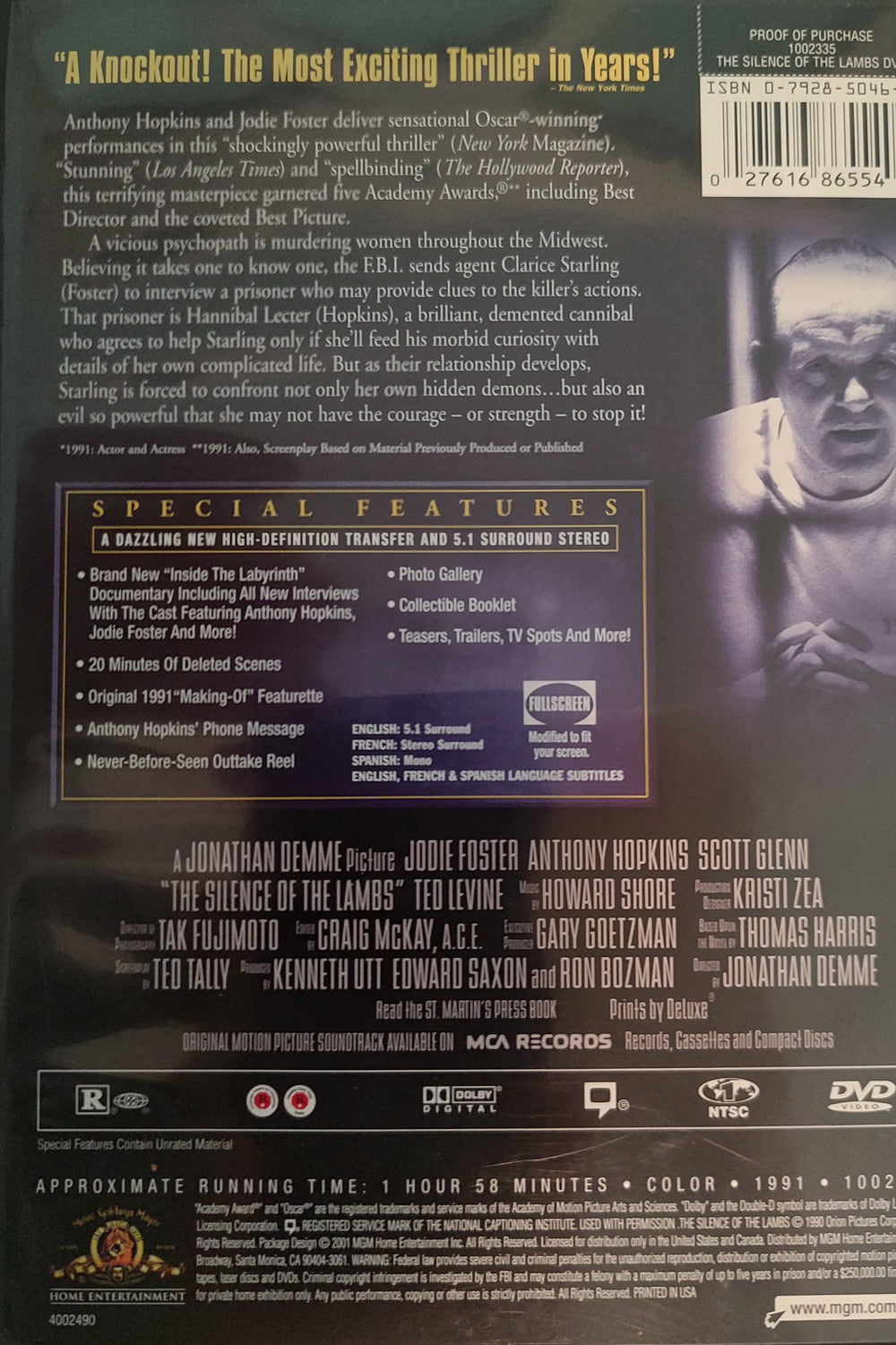 The Silence of the Lambs (DVD, 2001, Special Edition) Back.