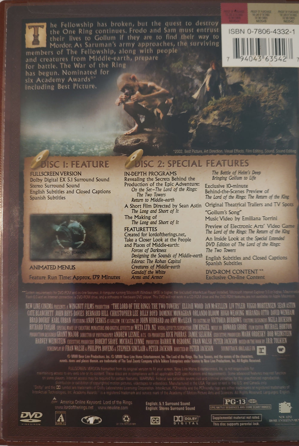 The Lord of the Rings: The Two Towers (DVD, 2003, 2-Disc Set) Back