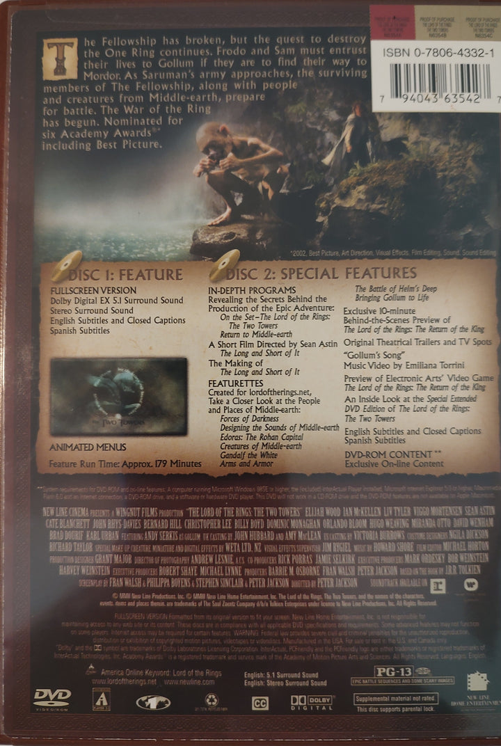 The Lord of the Rings: The Two Towers (DVD, 2003, 2-Disc Set) Back