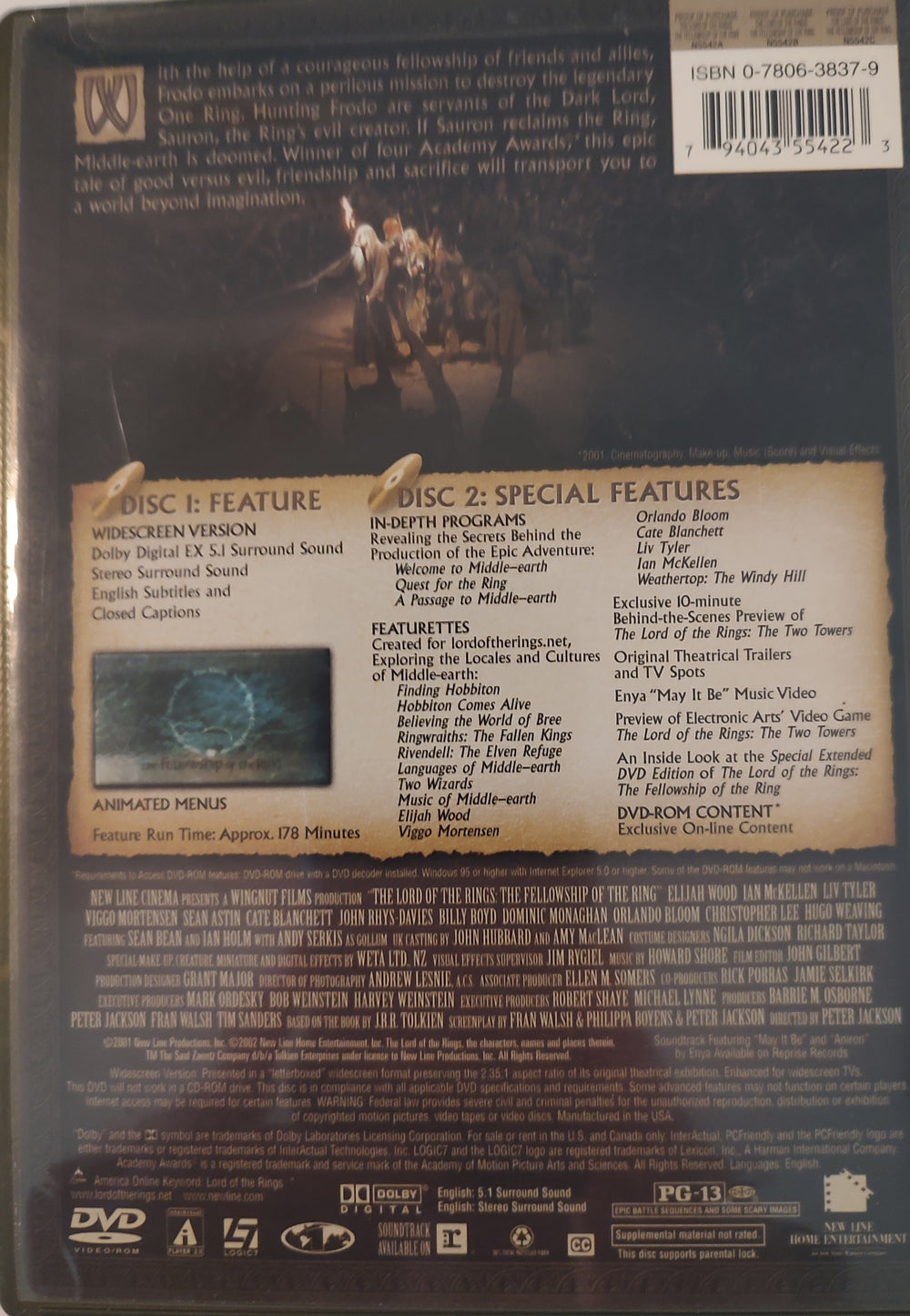 The Lord of the Rings: The Fellowship of the Ring (2 DVDs, 2001) Back