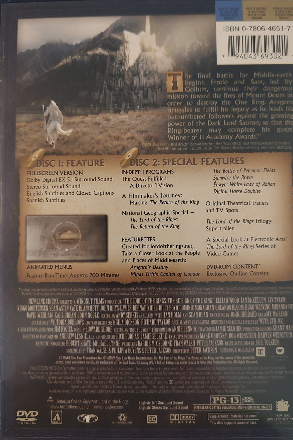 The Lord of the Rings: The Return of the King (DVD 2004, 2-Discs) Back