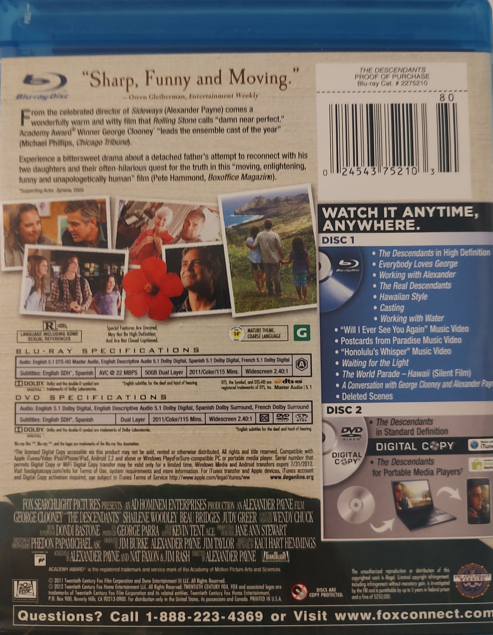 The Descendants (Blu-ray Disc, 2012, 2-Disc Set) Back
