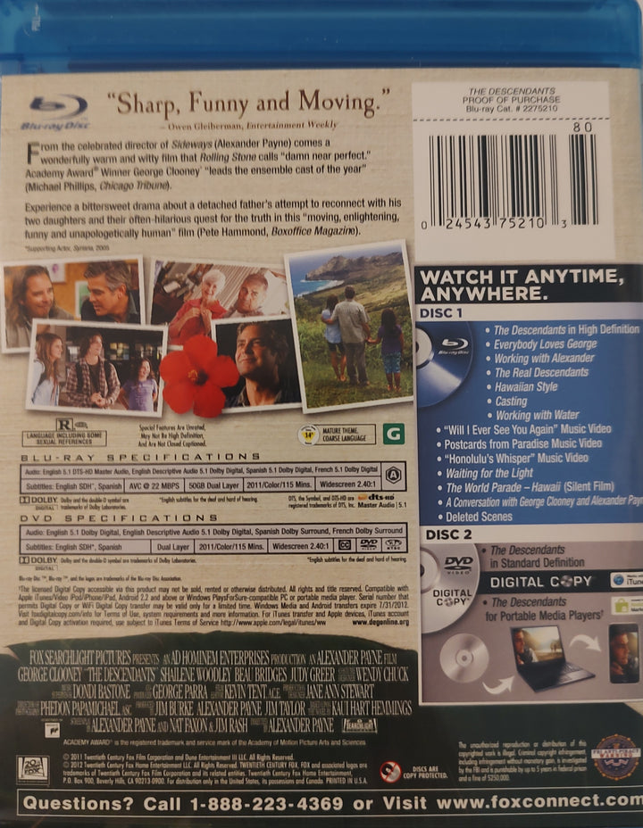 The Descendants (Blu-ray Disc, 2012, 2-Disc Set) Back