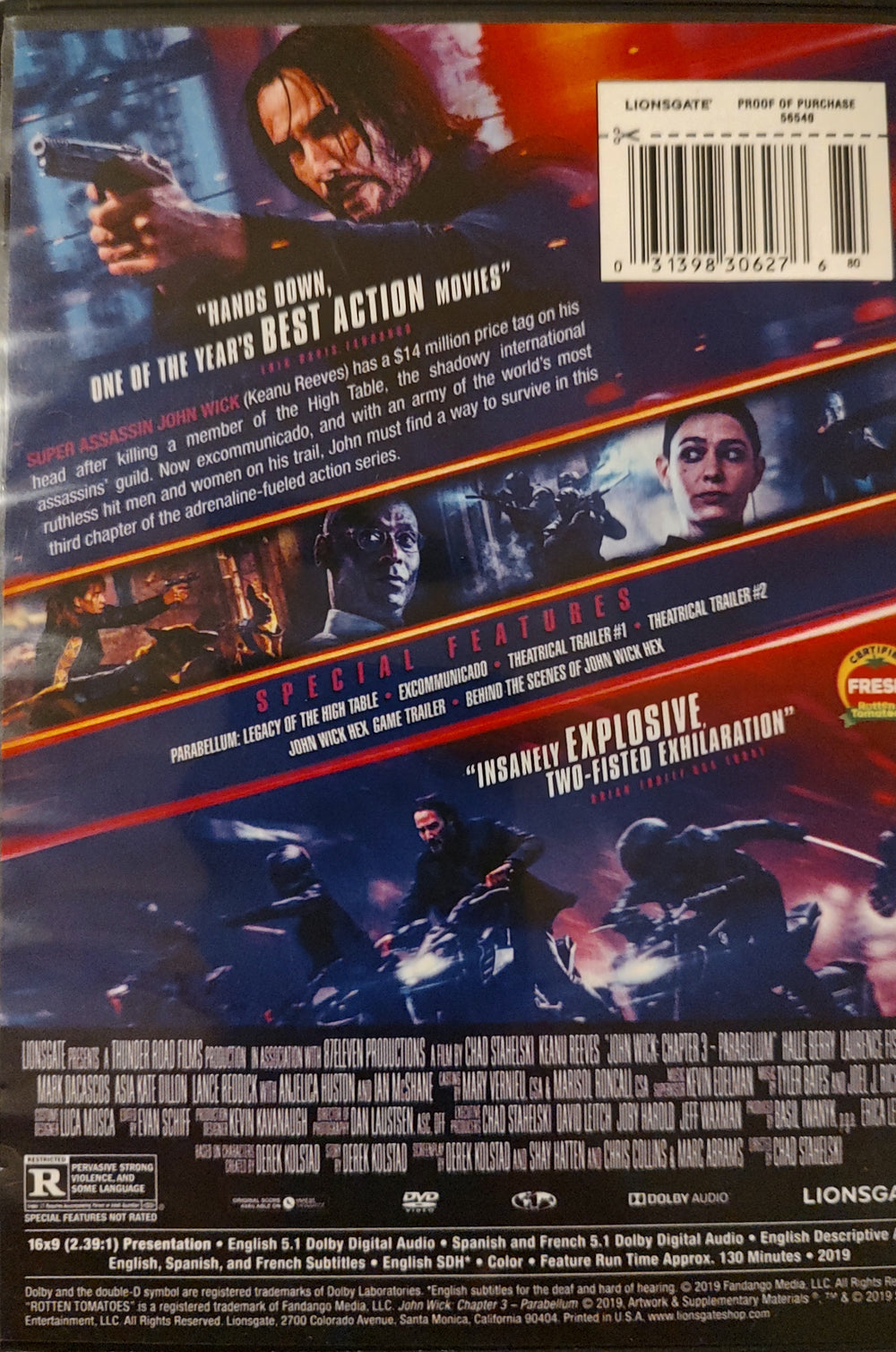 John Wick: Chapter 3 Parabellum (DVD, 2019) Back