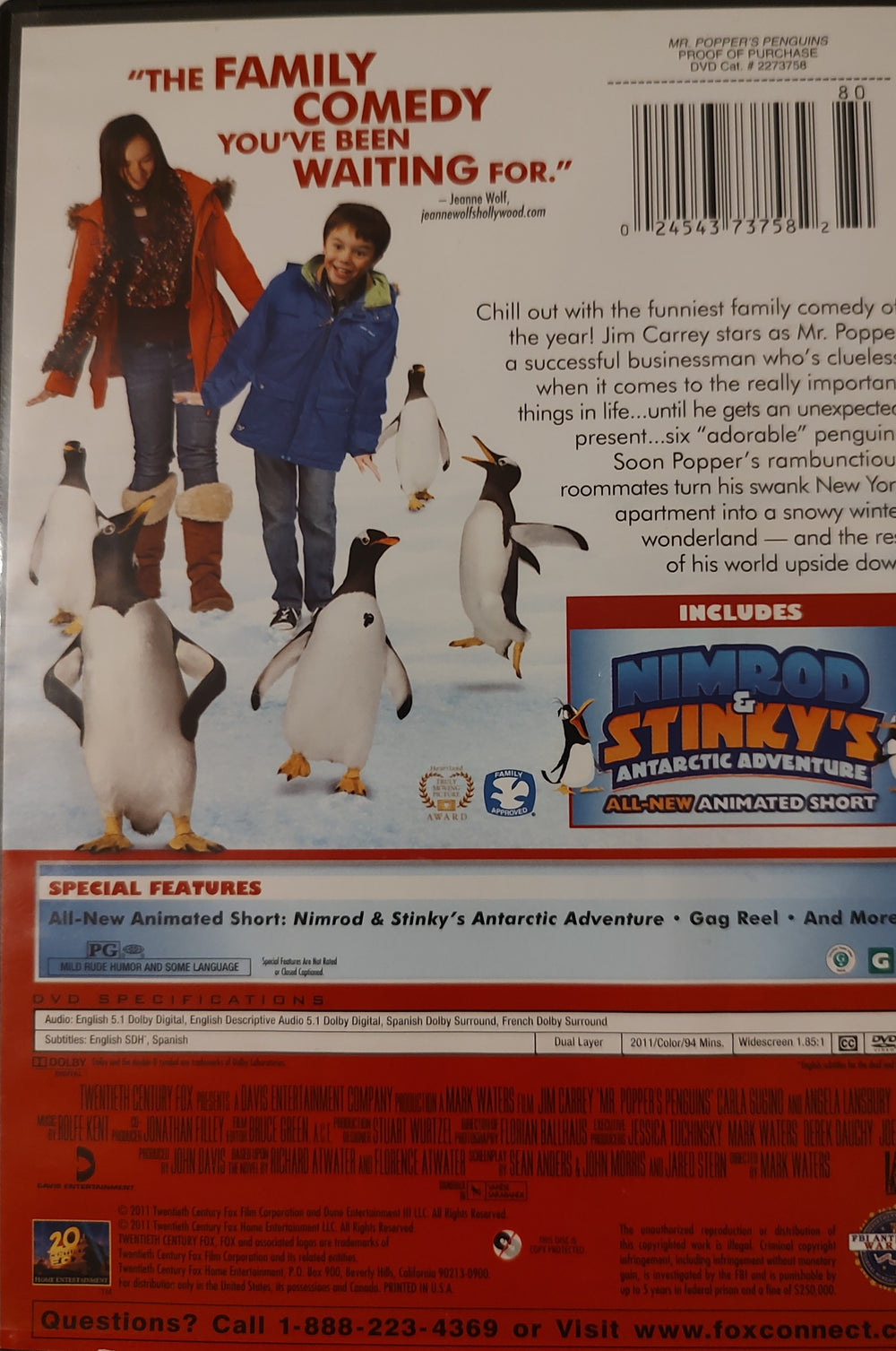 Mr. Popper's Penguins (DVD, 2011) Back