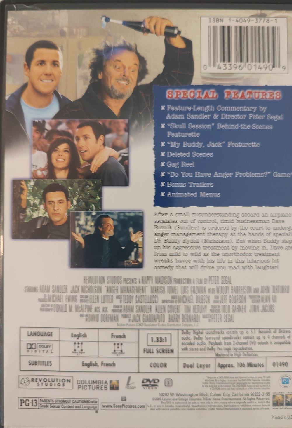 Anger Management (DVD, 2003, Full Frame Special Edition) Back