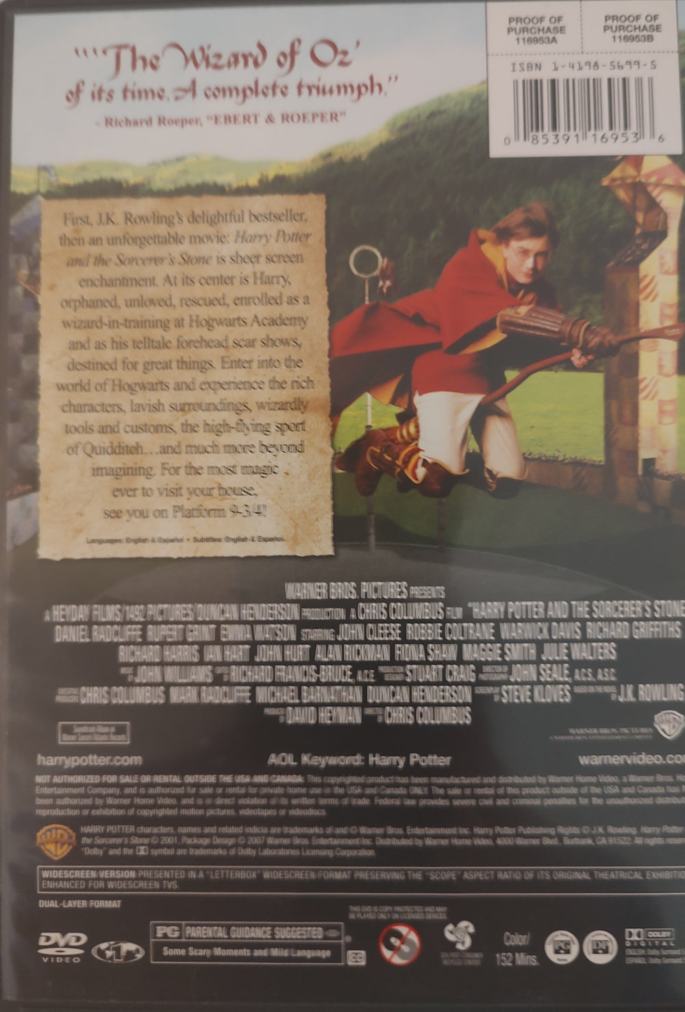 Harry Potter and the Sorcerer's Stone (DVD, 2007, Widescreen) Back