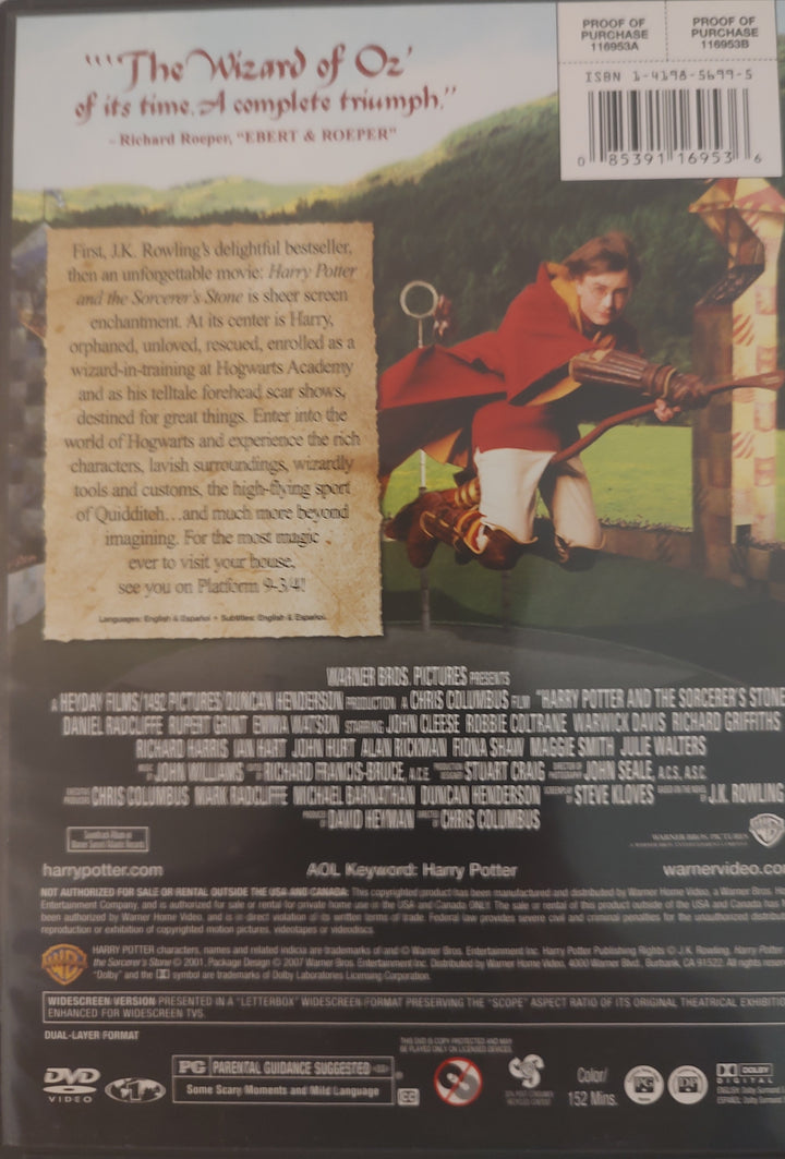 Harry Potter and the Sorcerer's Stone (DVD, 2007, Widescreen) Back