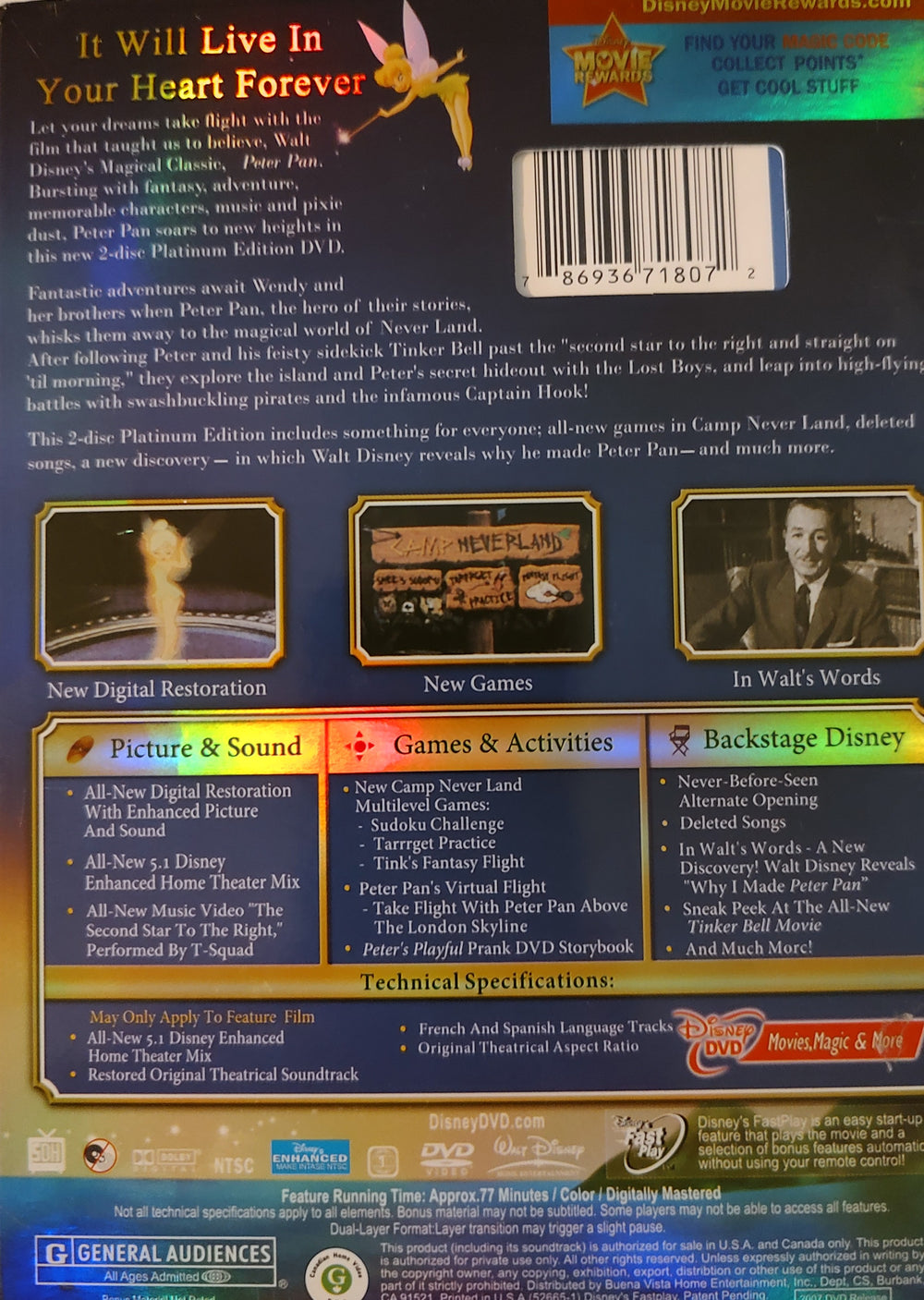 Peter Pan (DVD, 2007, Two-Disc Platinum Edition) Back