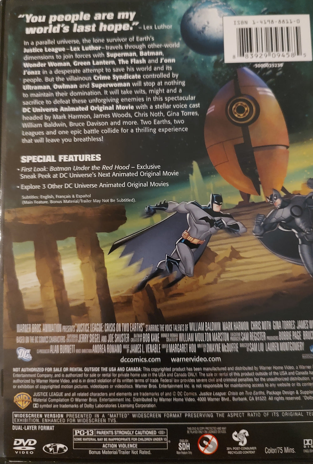 Justice League: Crisis on Two Earths (DVD, 2010) Back