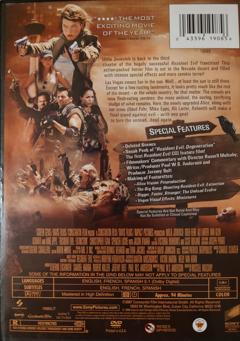 Resident Evil: Extinction (DVD, 2007) Back