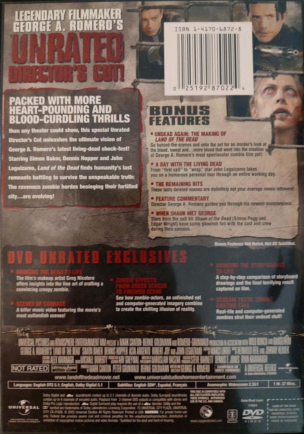 Land of the Dead DVD (2005, Unrated Directors Cut) Back