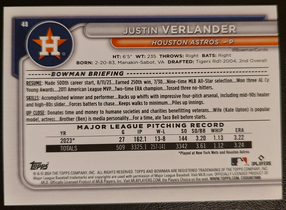 Justin Verlander #48 2024 Bowman Back