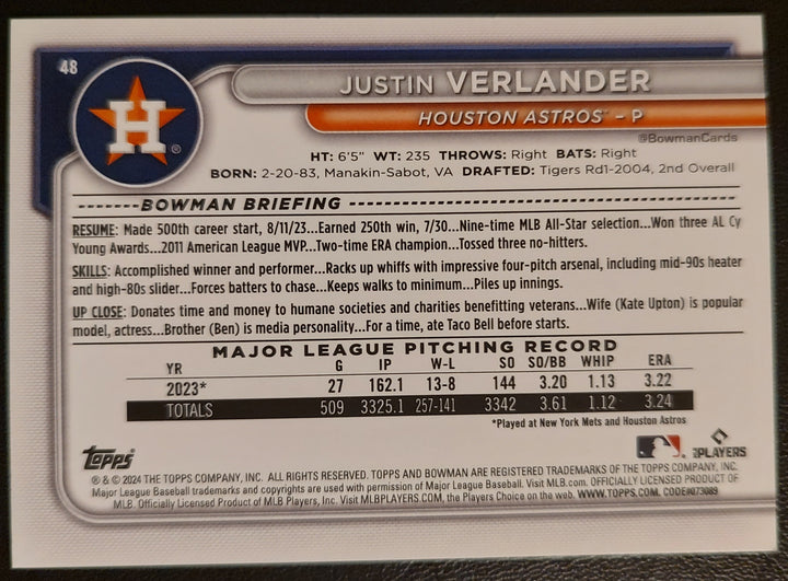 Justin Verlander #48 2024 Bowman Back