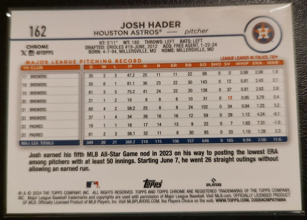 Josh Hader #162 2024 Topps Chrome Baseball Card Back
