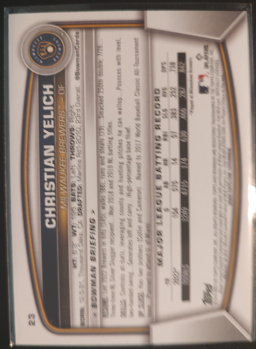 Christian Yelich #23 2023 Bowman Baseball Card Back
