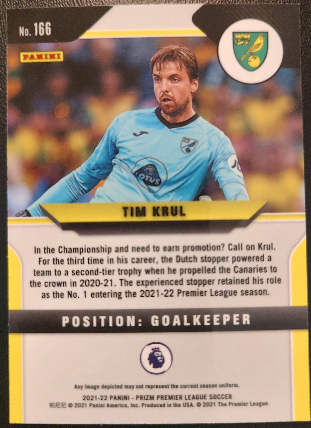 Tim Krul #166 2021-22 Panini Prizm Premier League Soccer Card Back