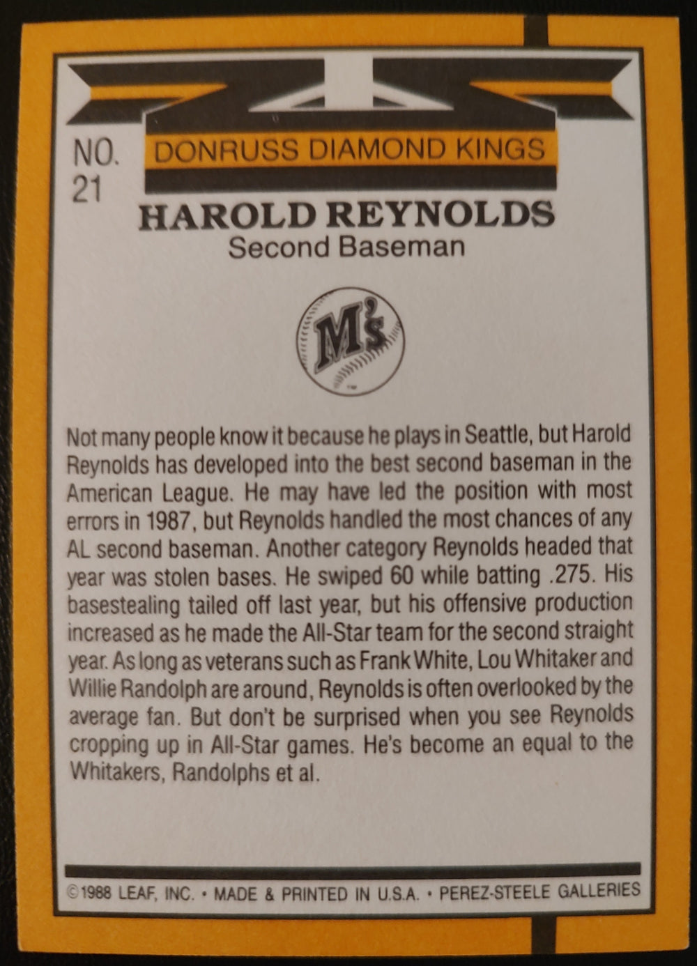 Harold Reynolds #21 Diamond Kings 1989 Donruss Baseball Card Back